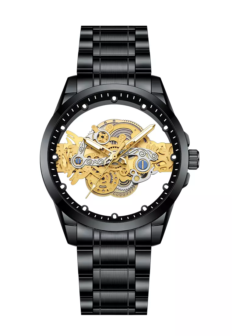 Jam Tangan Pria HD Luminous Function Hollow Dial Tali Stainless Steel Anti Air Jam Tangan Cowok black