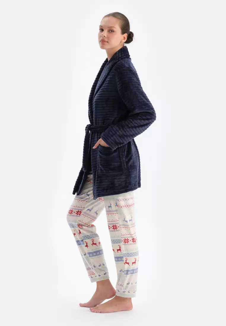 Navy Christmas Dressing Gown, Shawl Collar, Regular Fit, Long Sleeve Sleepwear for Women