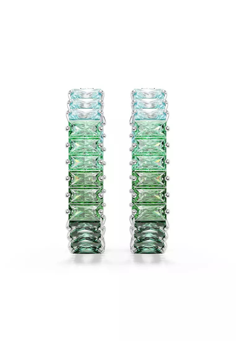 Matrix hoop earrings, Baguette cut, Green, Rhodium plated