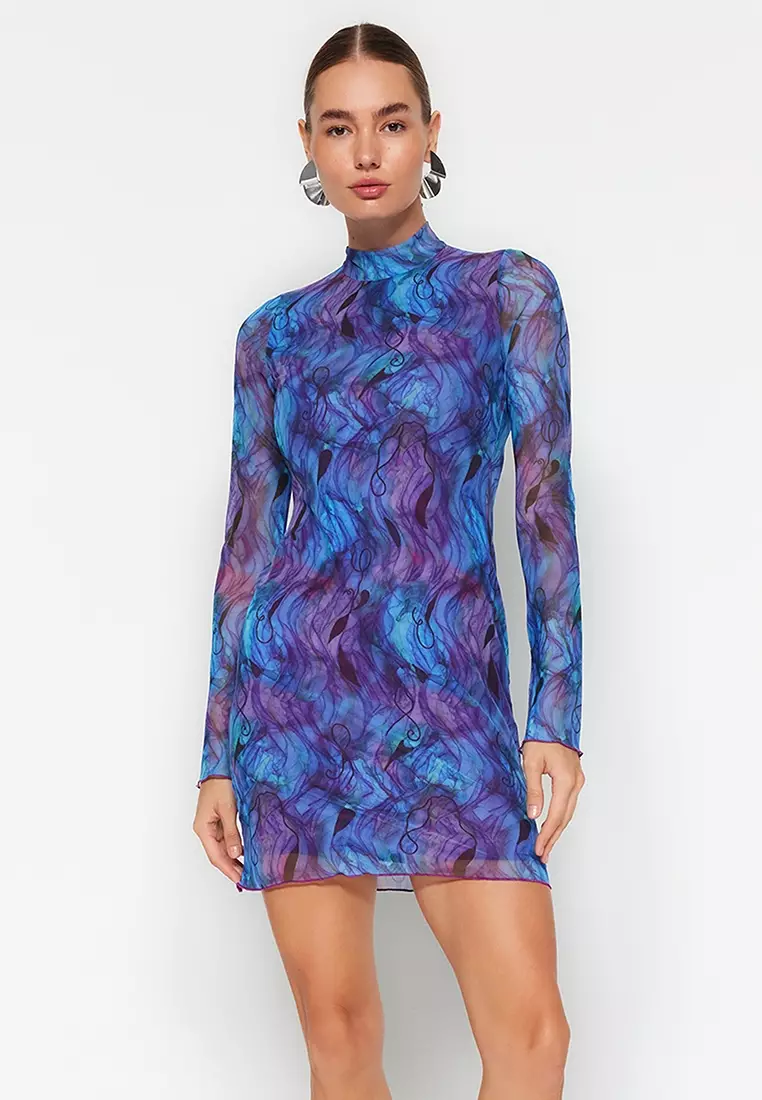 Purple high clearance neck dress