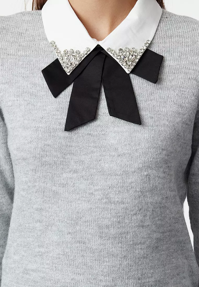 Gray Soft Textured Garnished Ribbon/Bow Detailed Stone Knitted Sweater TWOAW25KZ00035