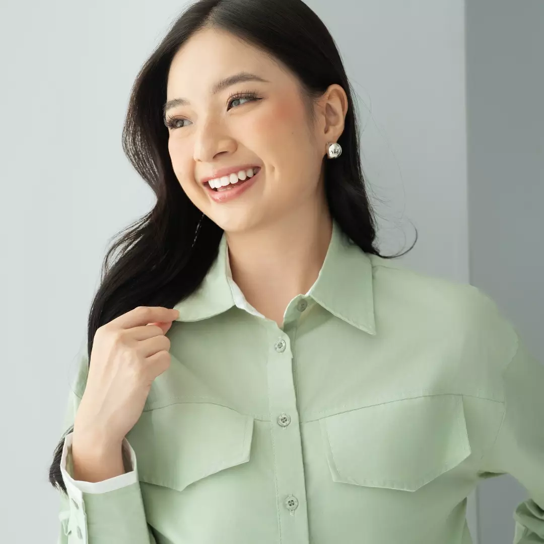 Platini Baju Kemeja Crop Top Lengan Panjang Wanita Katun 62001 Willow Green