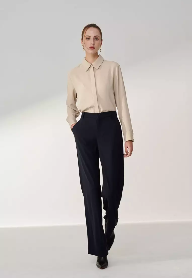 深藍鬆緊帶直筒寬褲