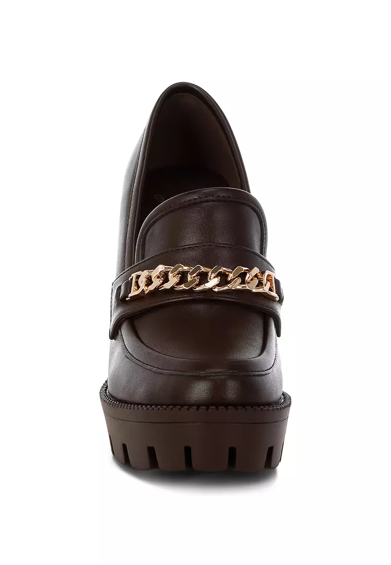 Brown Chunky High Block Heeled Loafers