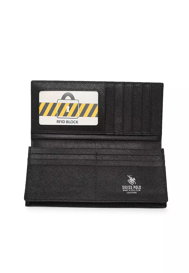 Genuine Leather RFID Long Wallet - Black