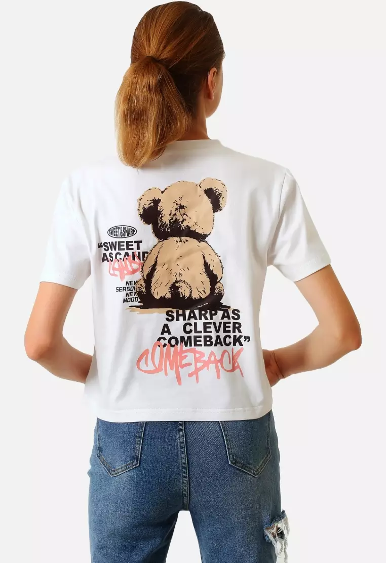 TONIQUE Kaos Crop Wanita Putih MOCCA Women's Cotton Graphic Cropped T-shirt White