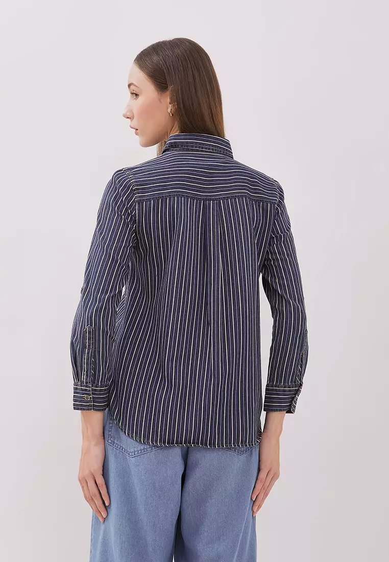 DUST Kemeja Denim Ansel Garis Biru Tua (D.116488)