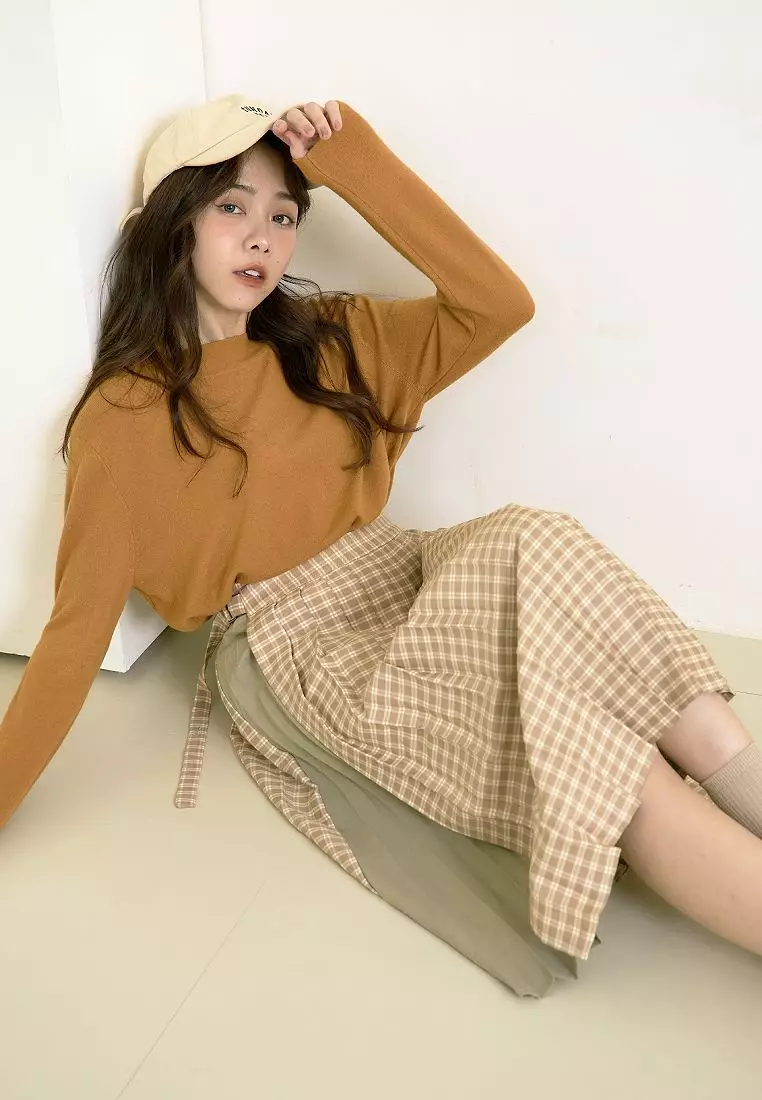 日系格紋收腰綁帶撞色拼接百褶裙《CA2702》