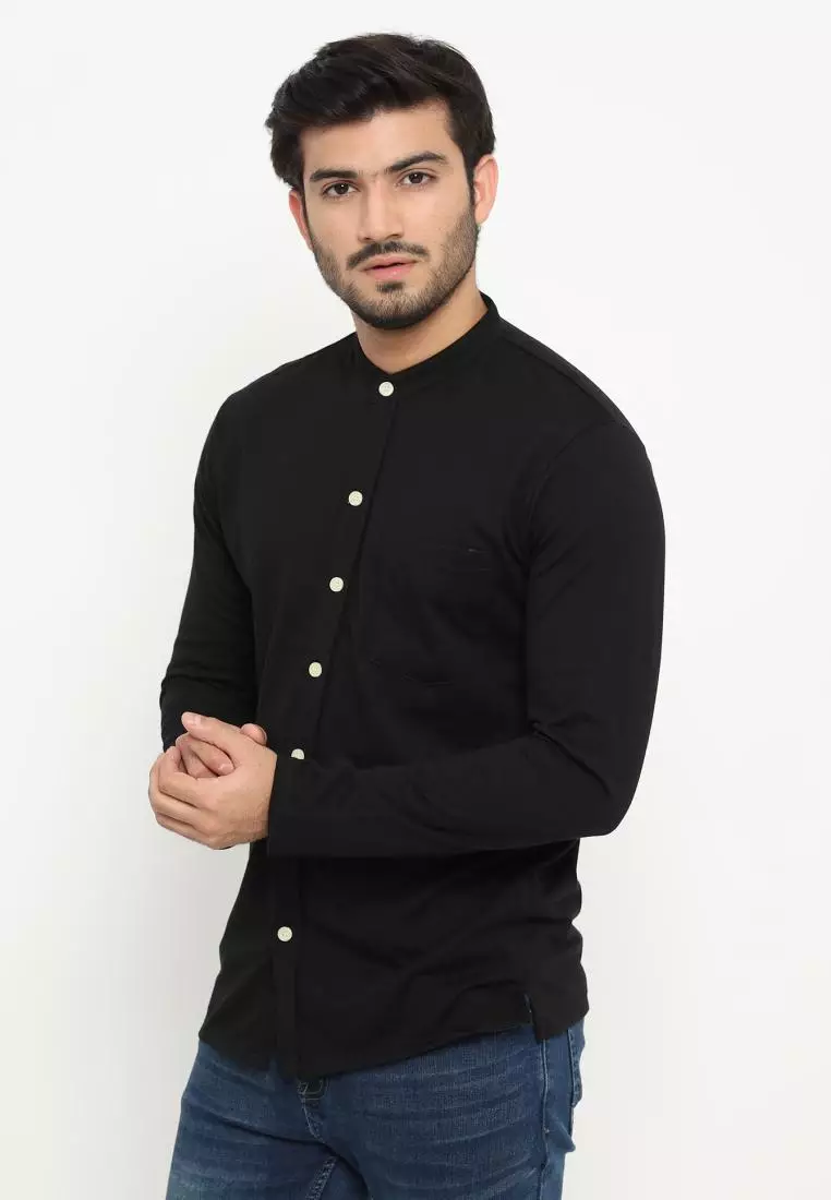 MATSUDA Kemeja Pria Polos Kerah Shanghai Lengan Panjang Katun Koshigaya