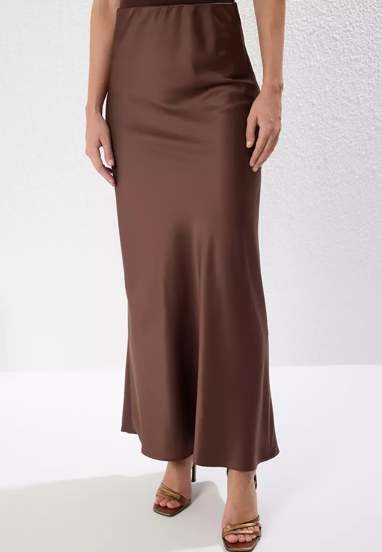 Bronze Satin Woven Long Elegant Skirt