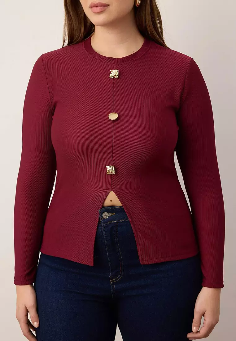 Burgundy Accessory Buttoned Long Sleeve Ribbed Knitted Plus Size Blouse Tbbaw26Af00078