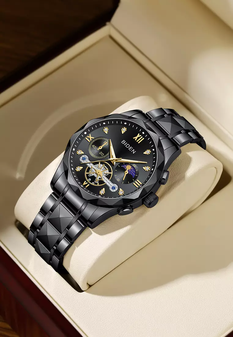 Jam Tangan Pria Multifungsi Mewah Tali Stainless Steel Anti Air Jam Tangan Cowok allblack