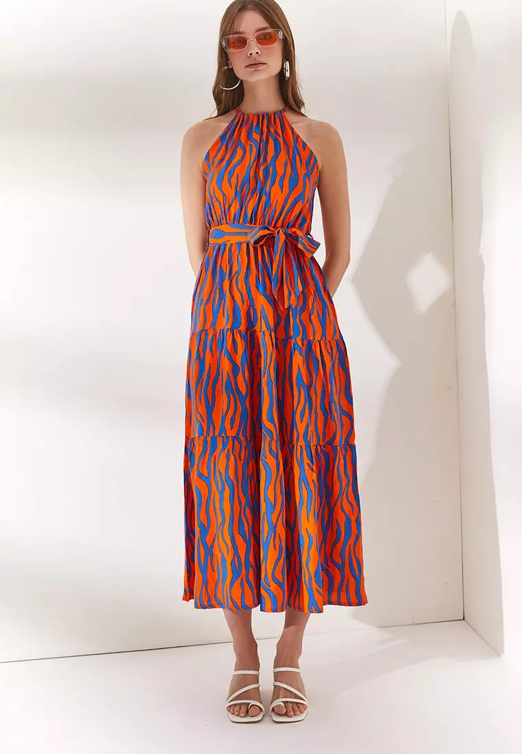 Halter Neck Belted Woven Viscose Dress