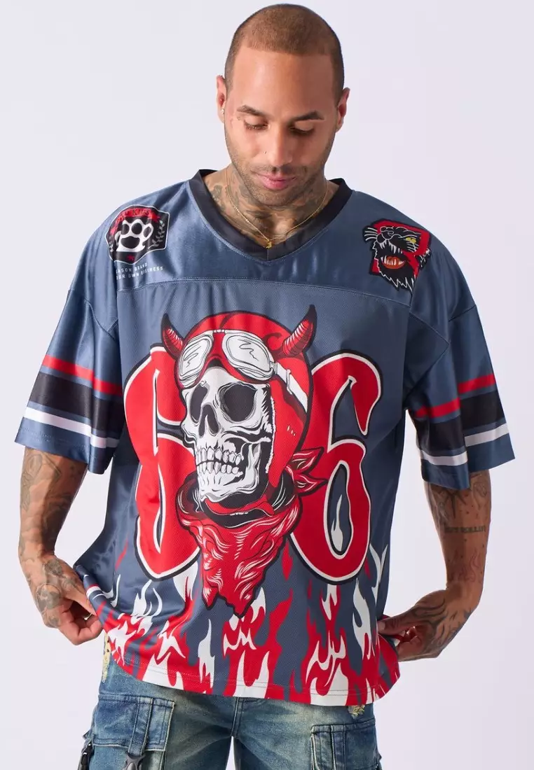 NYC Streetwear - 66 Skull American Football Jersey - Grey, Red