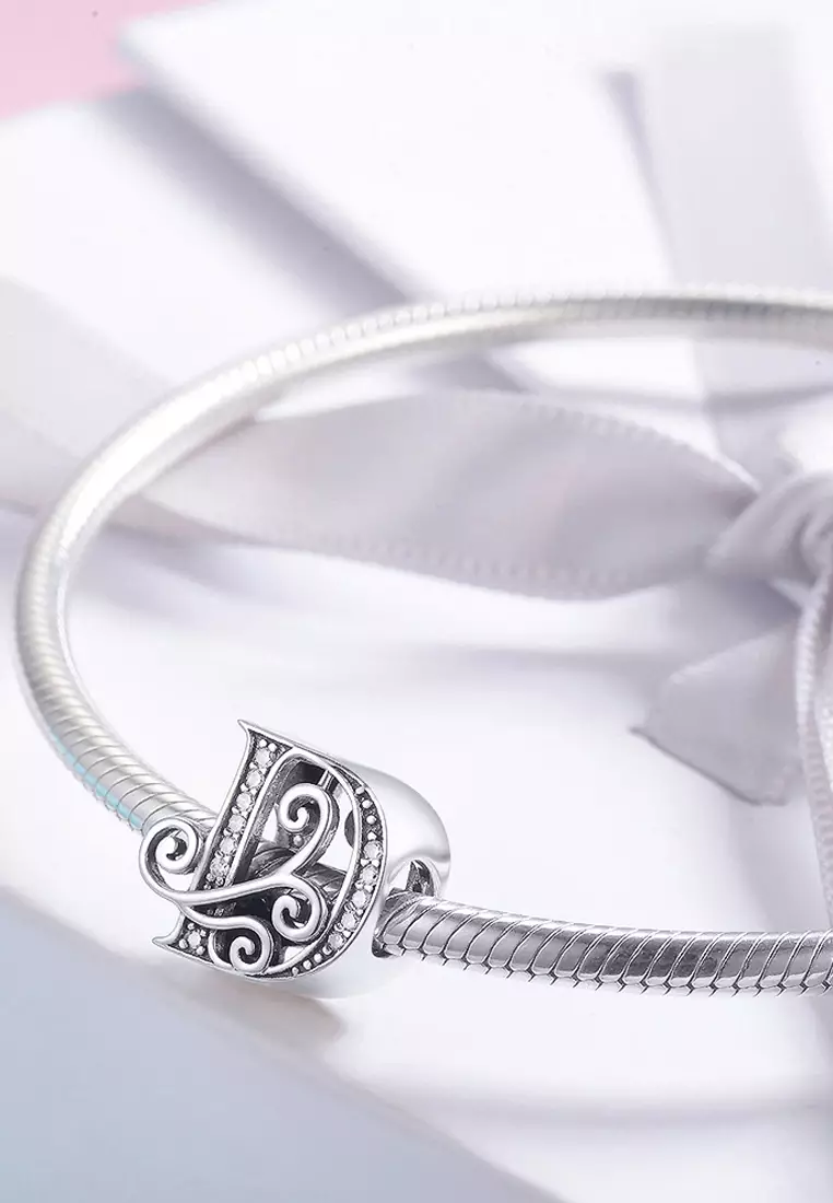 Solid 925 Sterling Silver Vintage Inspired Antique Alphabet Charm D