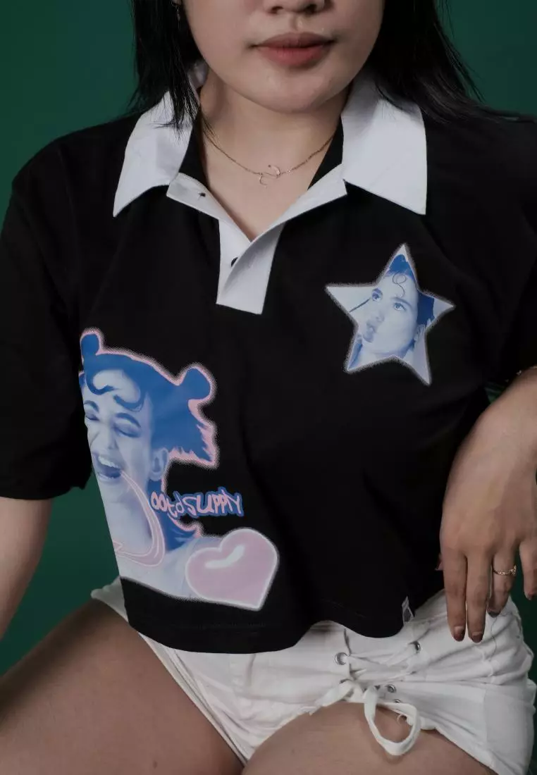 OOTDSUPPLY Oversize Polo Crop Shirt Lady Verse Black l Polo Crop Pria dan Wanita OVZ-CPS002