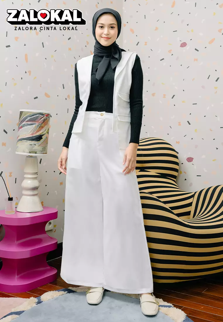 Mona Set (One Set Rompi & Celana Kulot) Broken White