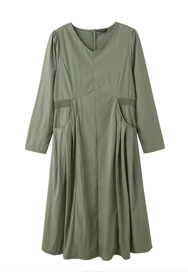 V-Neck A-Line Midi Dress with Waist Tie and Pockets [DA10269]