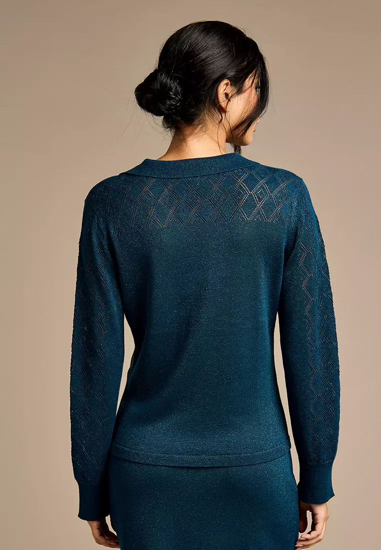 Cosima Petrol Blue Knitted Polo Shirt