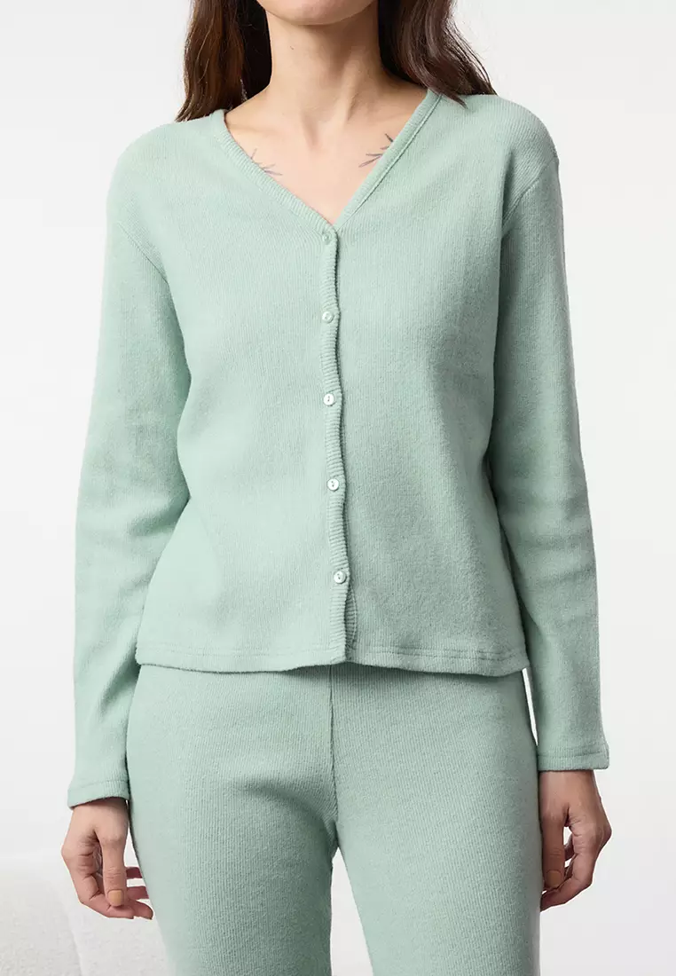 Brushed Soft Corded Cardigan Knitted Pajamas Set