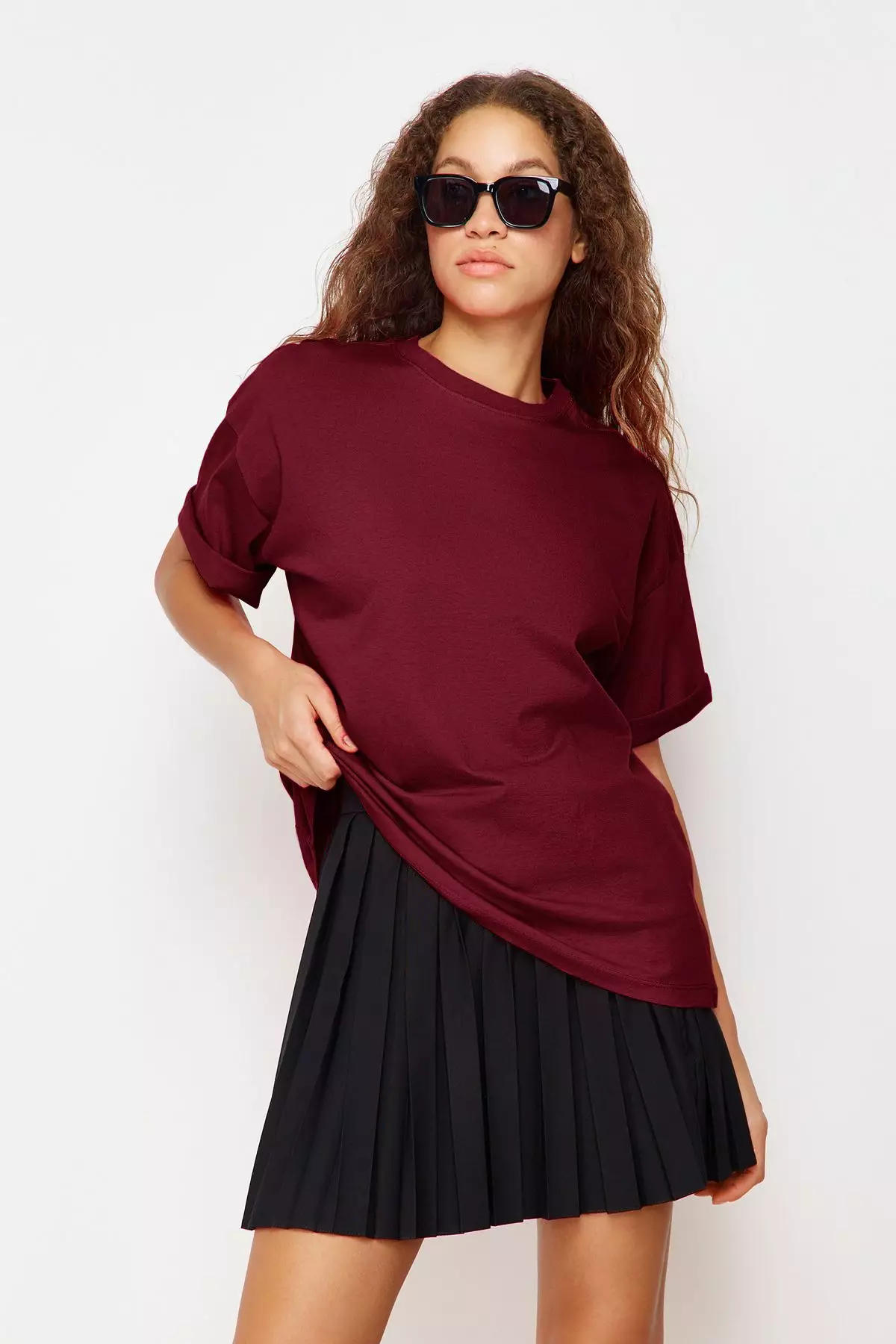Claret Red 100% Cotton Premium Oversize/Wide Pattern Crew Neck Knitted T-Shirt TWOSS23TS00040