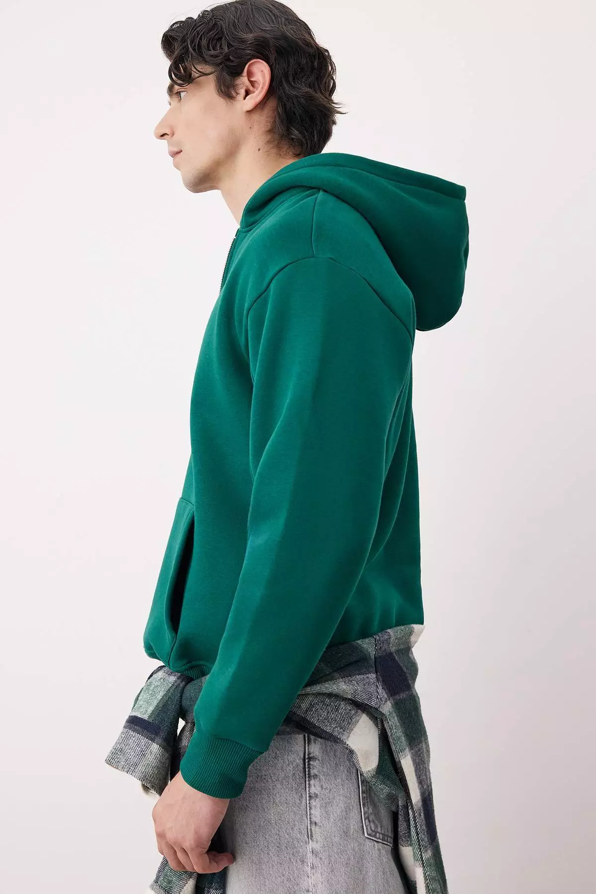Emerald Green Oversize/Loose Cut Zipper Hooded Basic Sweatshirt With Fleece Inside Tmnaw25Sw00050