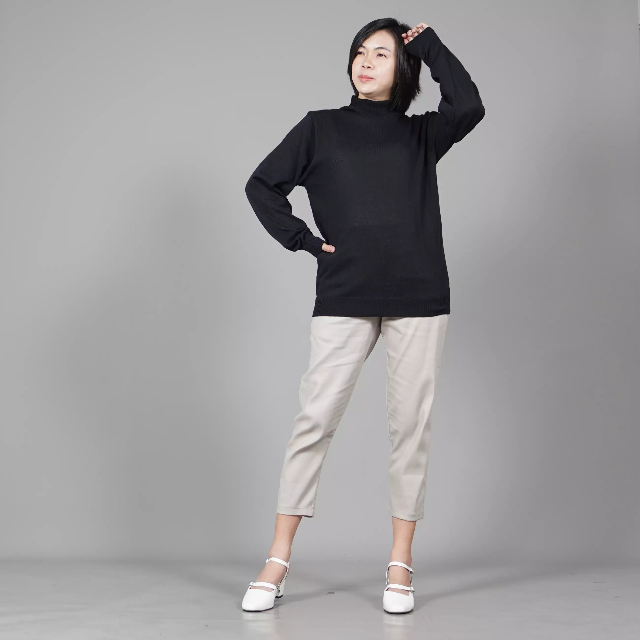  JEHOON Turtle Neck Wanita Knit Sweater Turtle Neck - HITAM