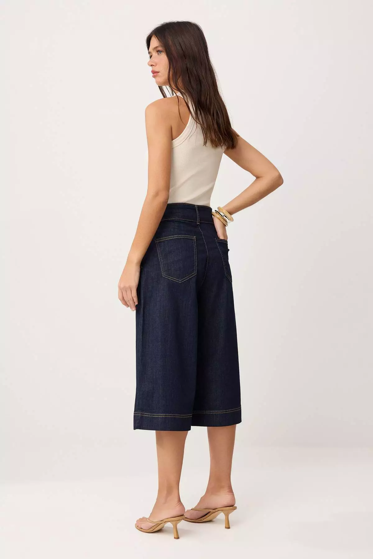 Dark Blue High Waist Wide Leg Capri Jeans Twoss26Je38