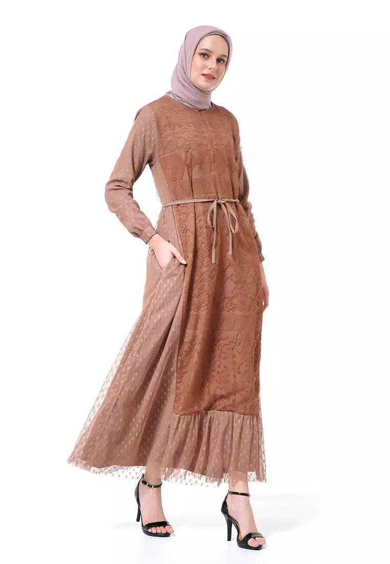 Nayaka Gamis Wanita Lengan Panjang Design Klasik High Quality Premium - Brown