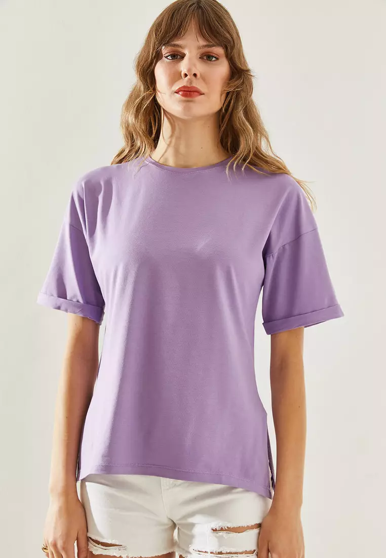 Side Slit Sleeve Folding Detailed Crew Neck Short Sleeve Basic T-Shirt