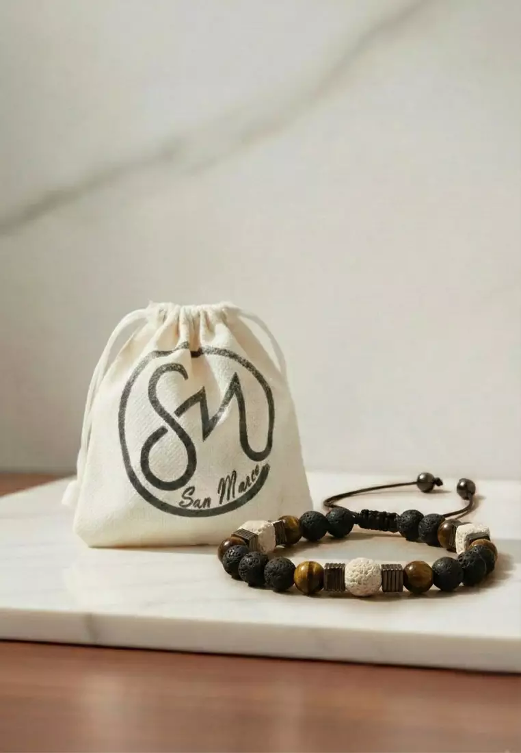 Aksesoris Gelang Pria Lava White Cube Lava Center & Tiger Eye Bracelet Black & Brown