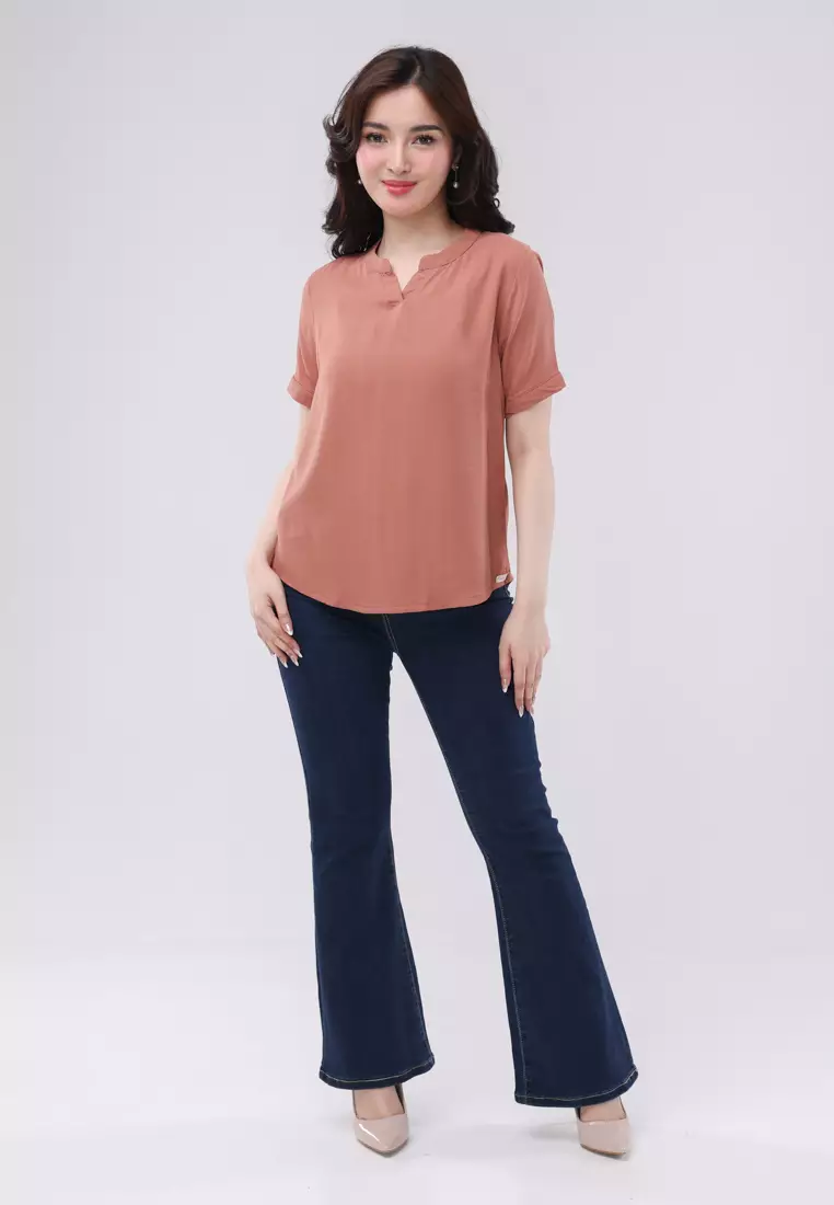 Bold Twill Chinese Collar Short Sleeves Blouse