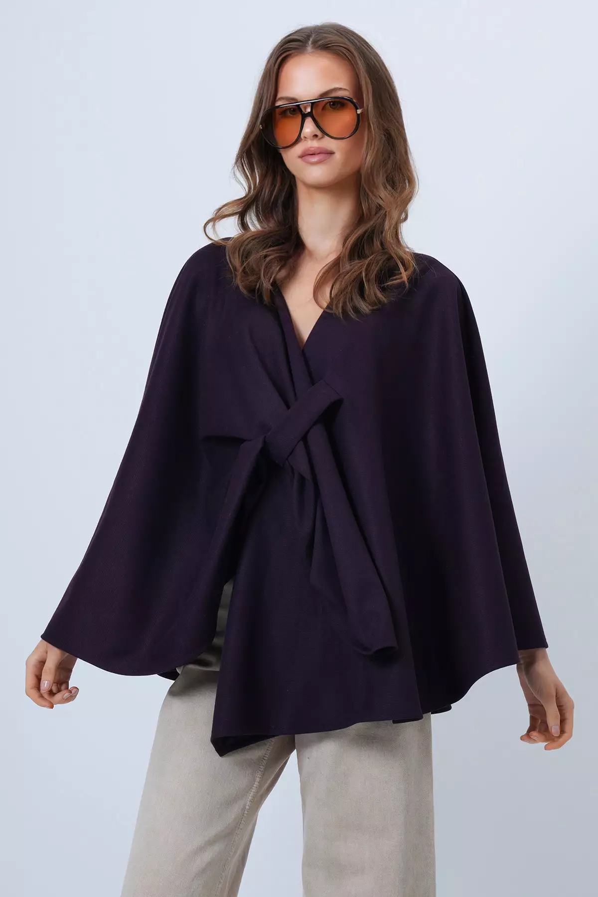 Women'S Purple Collar Design Knitwear Poncho Alc-X14672