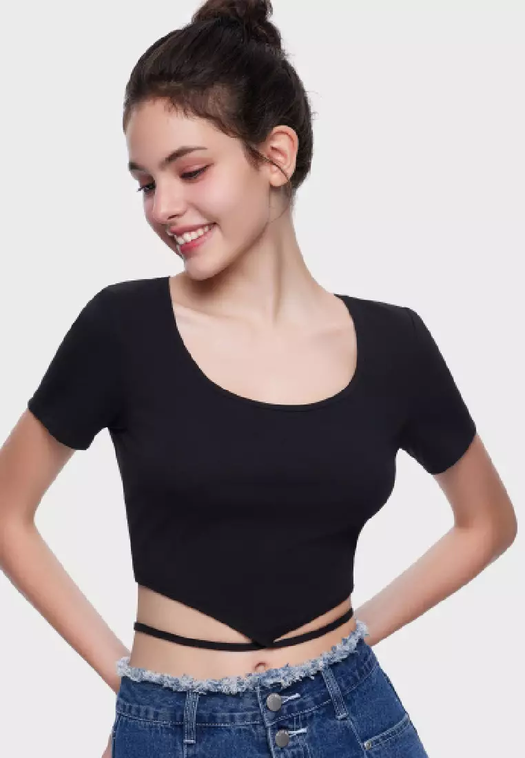 RUBINA SHORT SLEEVE SQUARE NECK CROPPED TEE TRIANGLE-SHAPED CROP TOP FOR WOMAN GIRL TP10382