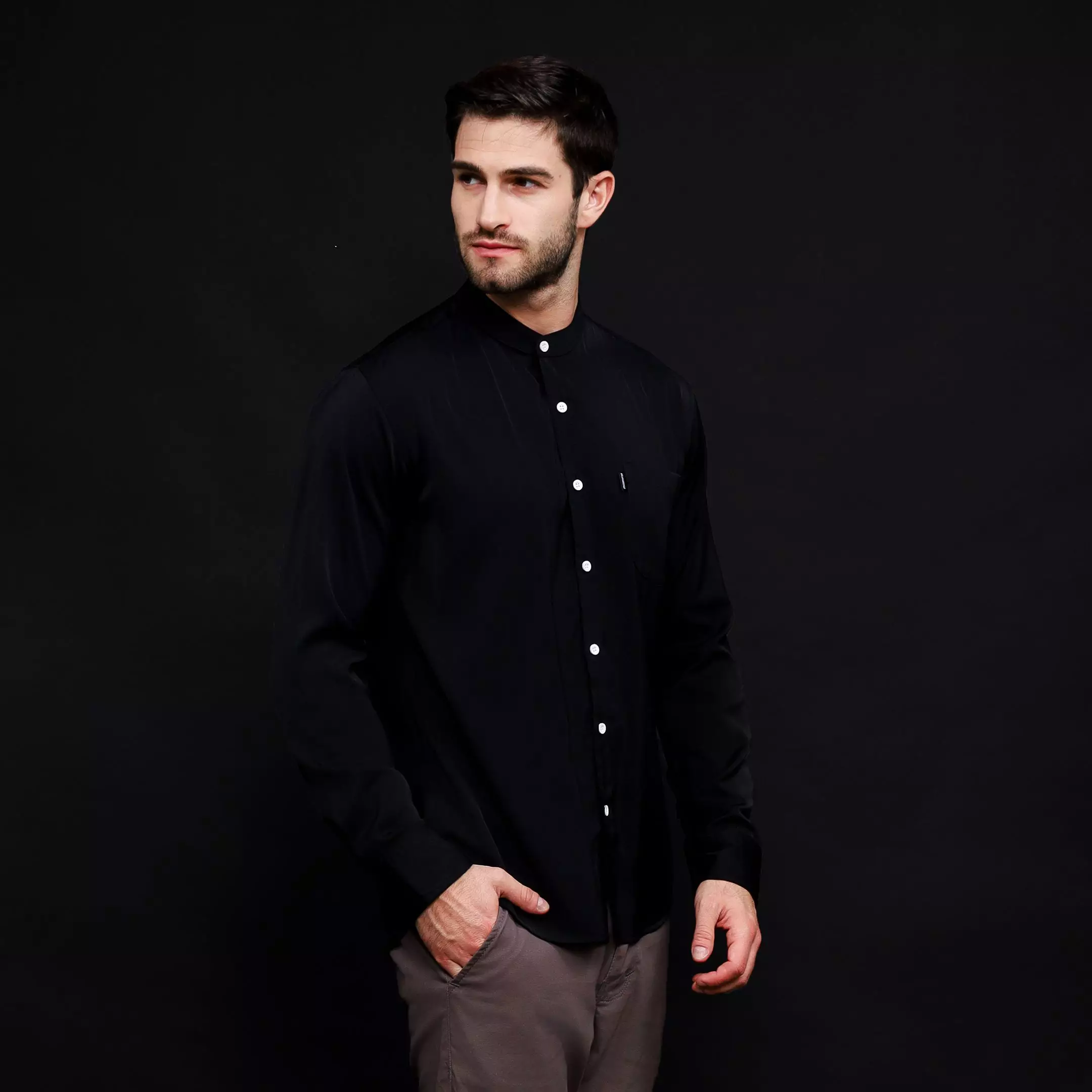 Rayon Shanghai Kemeja Panjang Polos Black