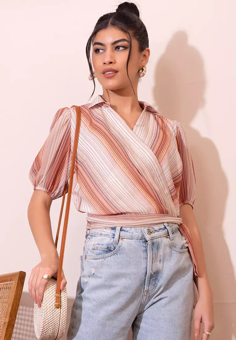 Multi And Brown Striped Collared Wrap Top