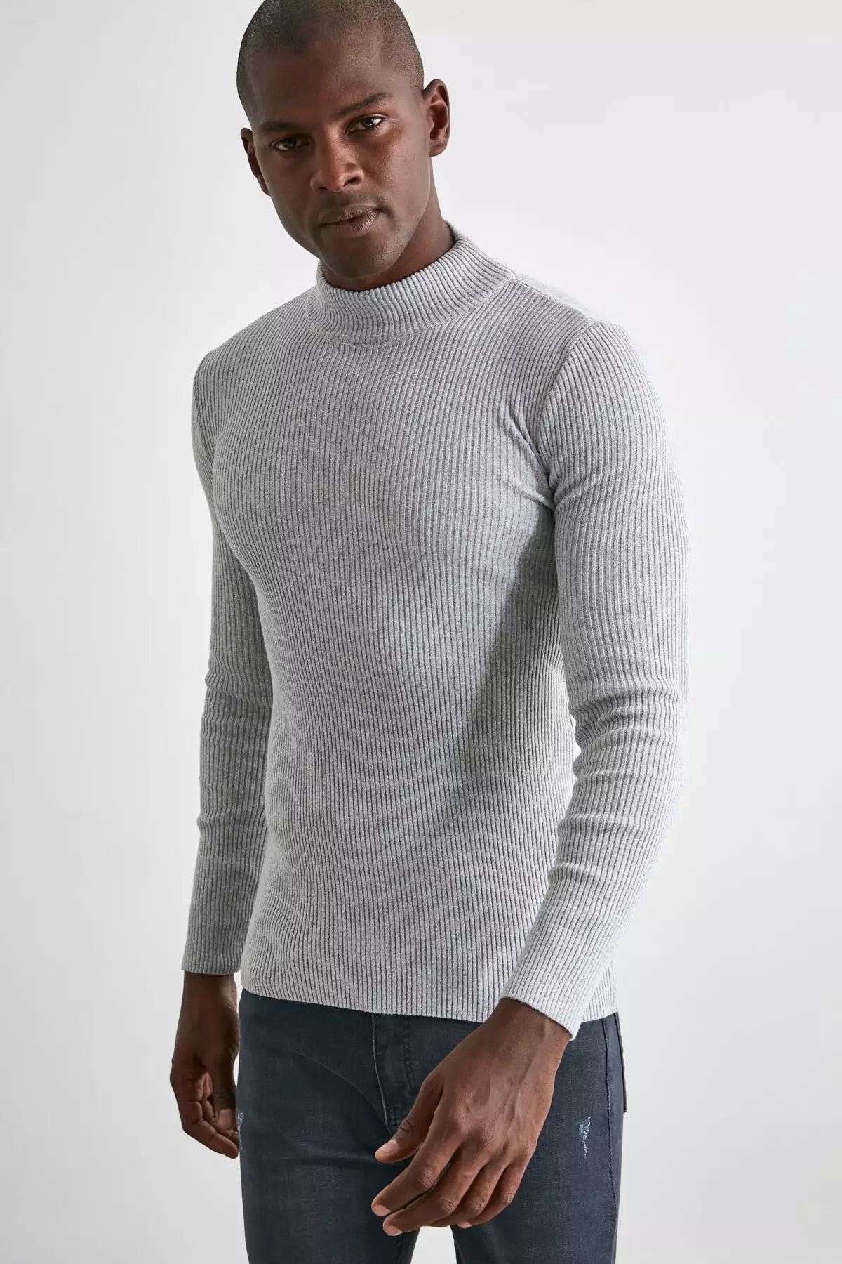 Gray Fitted Cotton Half Turtleneck Plain Knitwear Sweater Tmnaw21Kz0568