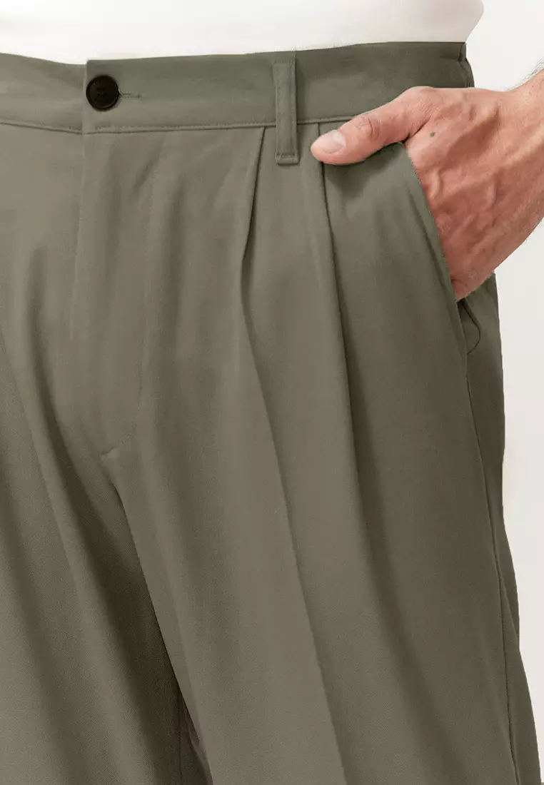 Khaki Pleated Classic Baggy Fit Fabric Trousers TMNSS24PL00024