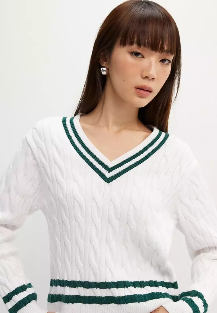 Contrast Stripe Cable Knit Sweater - White