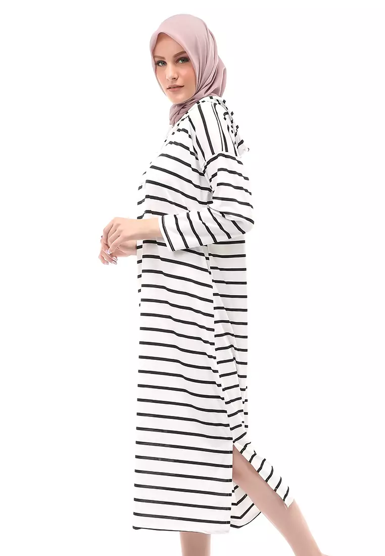 Mega Tunik Motif Stripe Atasan Wanita Long Sleeve Regular Fit - Putih B