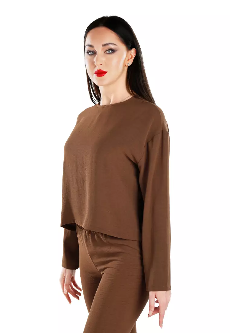 Brown Full Sleeves Top & Fitted Full Pants Coord Set