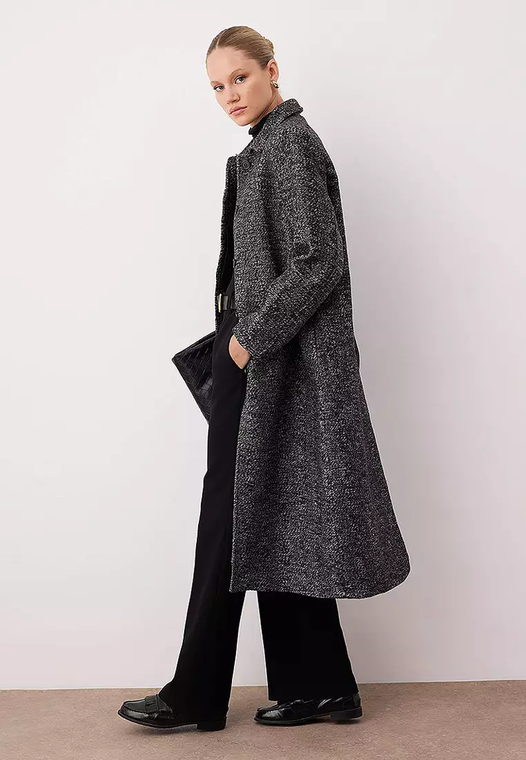 Herringbone Mono Closure Fitted Maxi Wool Cashmere Coat