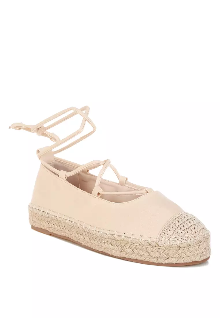 Woven Toe Lace-Up Espadrilles in Beige