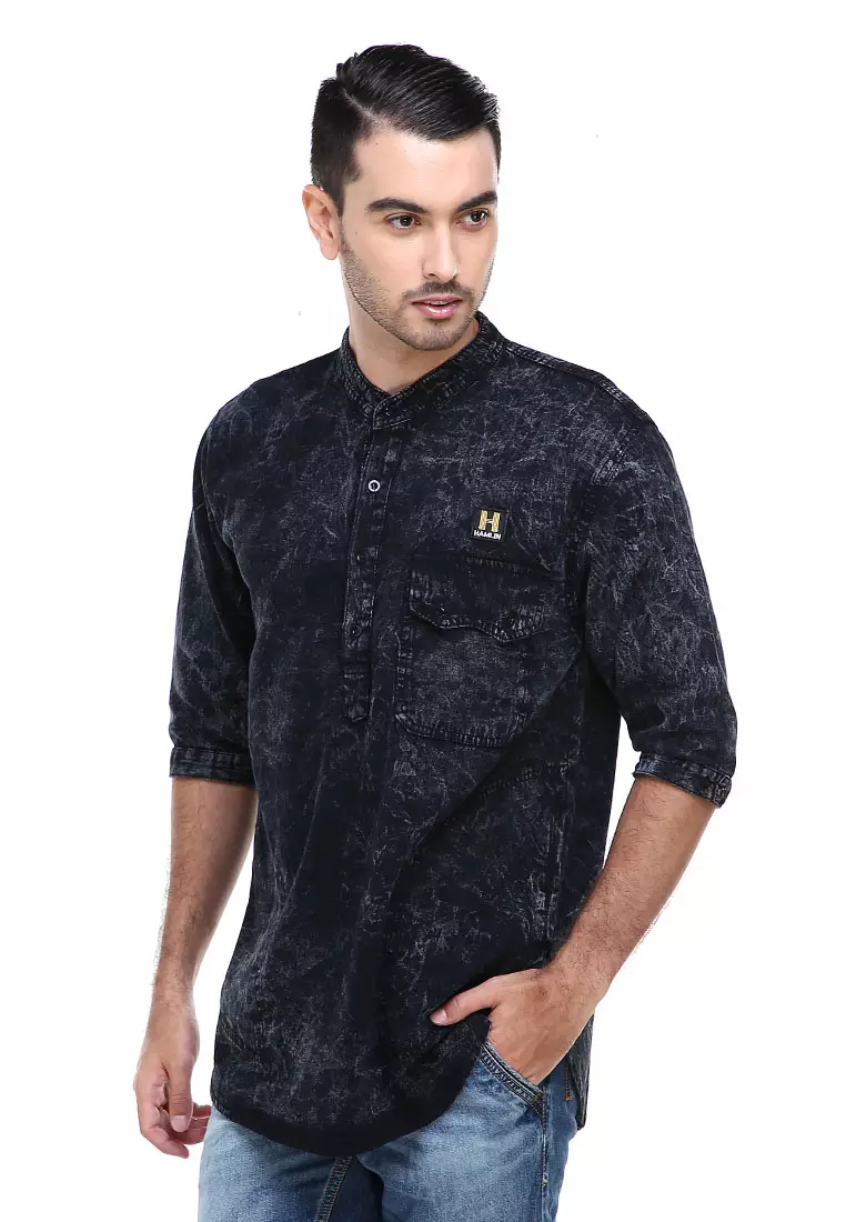 Dwan Shirt Kemeja Jeans Sandwash Pria Kasual Lengan Panjang Material Denim ORIGINAL - Black