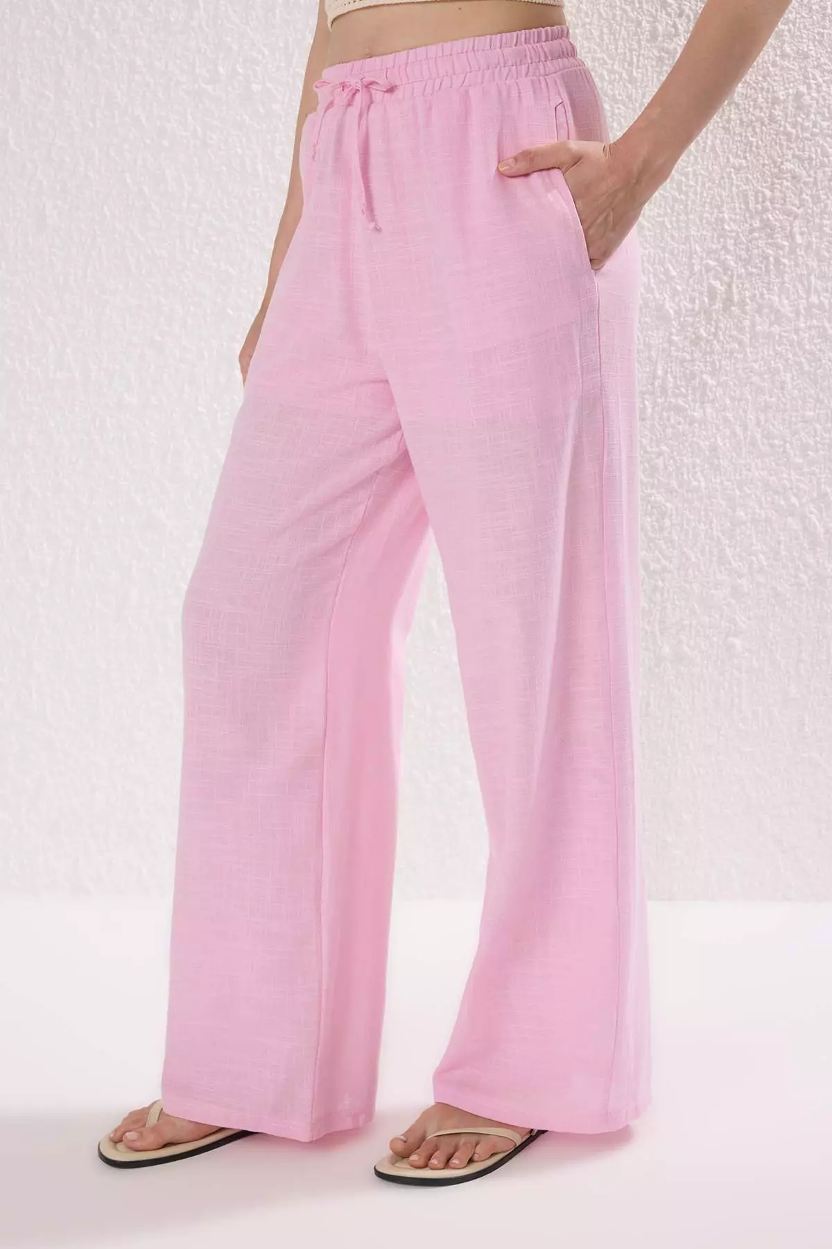 Light Pink Linen Look Wide Leg Shorts Lined Elastic Waist Pants