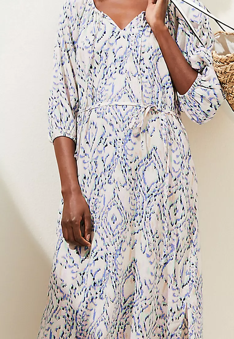 Linen Blend Printed Tie Neck Midi Dress