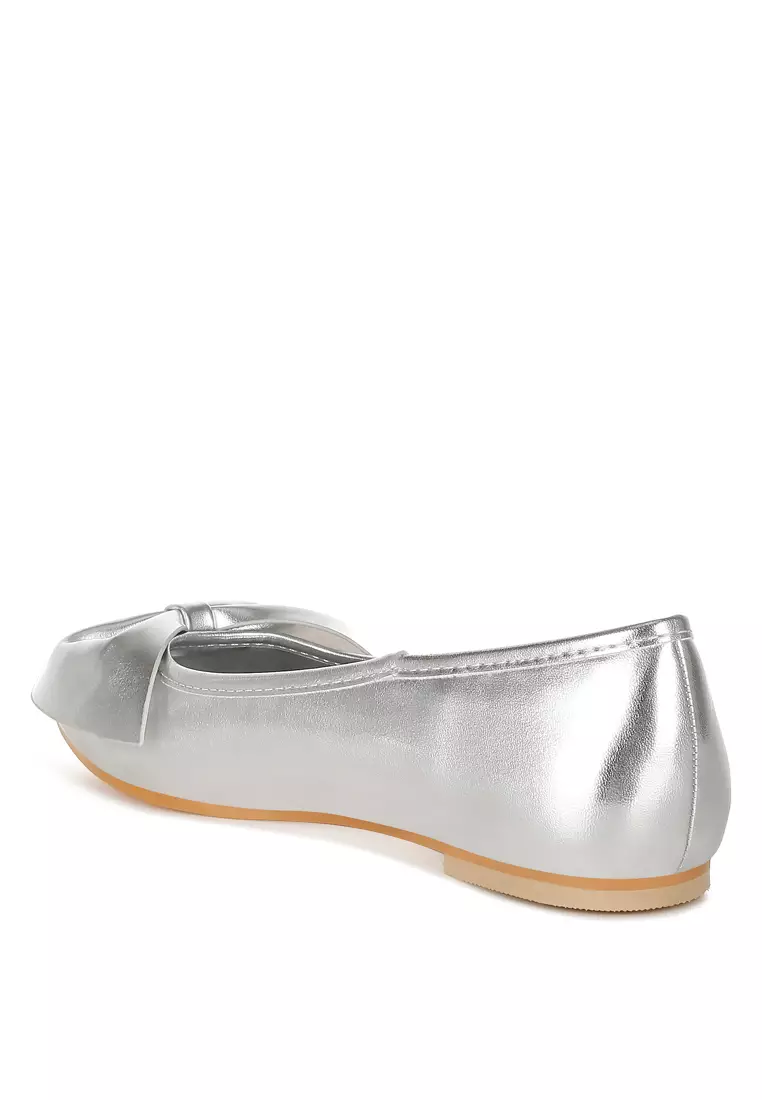 銀色金屬皮蝴蝶結芭蕾舞平底鞋