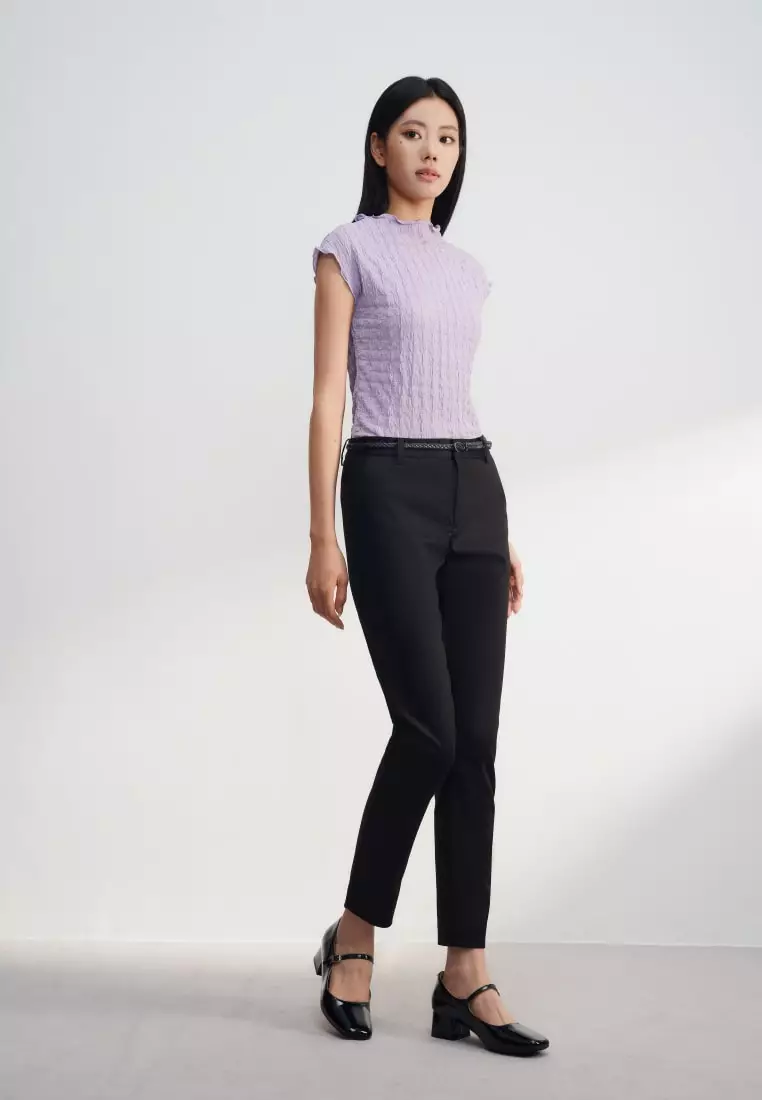 Cotton Blend Spandex Satin Ankle Skinny Pants With Belt