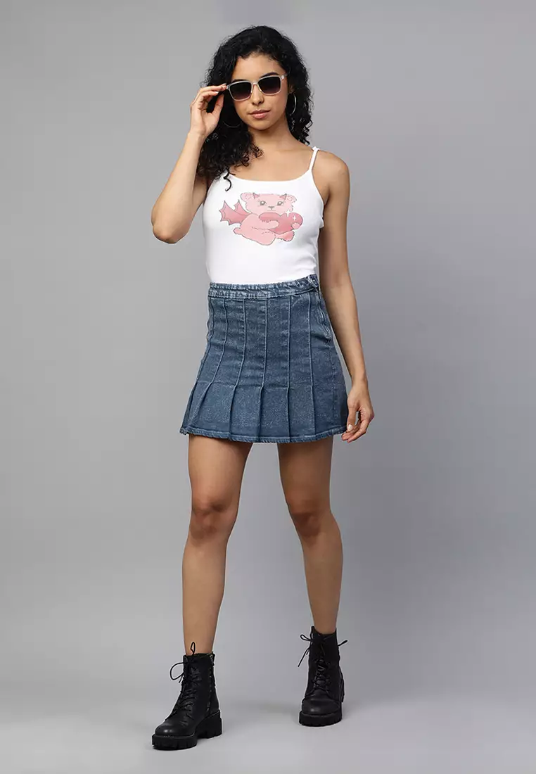 酸性藍色褶襉牛仔迷你裙