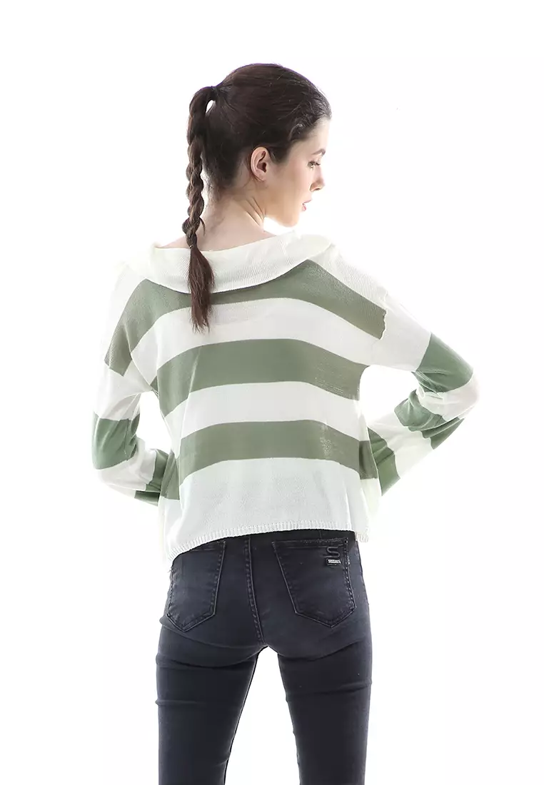 Vilia Rajut Crop Atasan Wanita Oversize Motif Stripe Garis Relaxed Fit - Mint